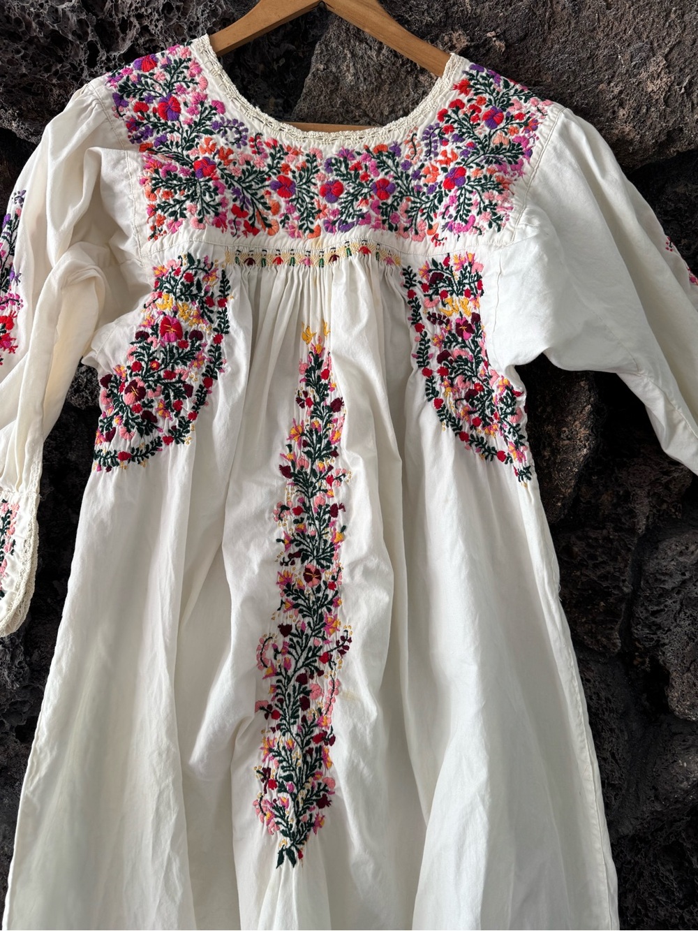 Vintage 60s 70s Cotton Oaxacan Maxi Dress w/ Colorful Floral Hand-Embroidery Med - Picture 11 of 16